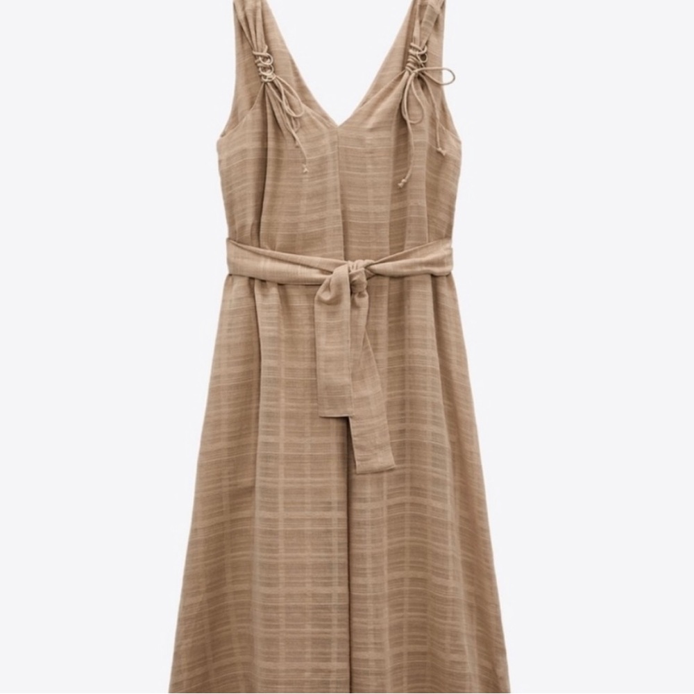 Zara Beige-Tan Sleeveless Relaxed Fit Ring-Strap Belted Gauze Midi Dress